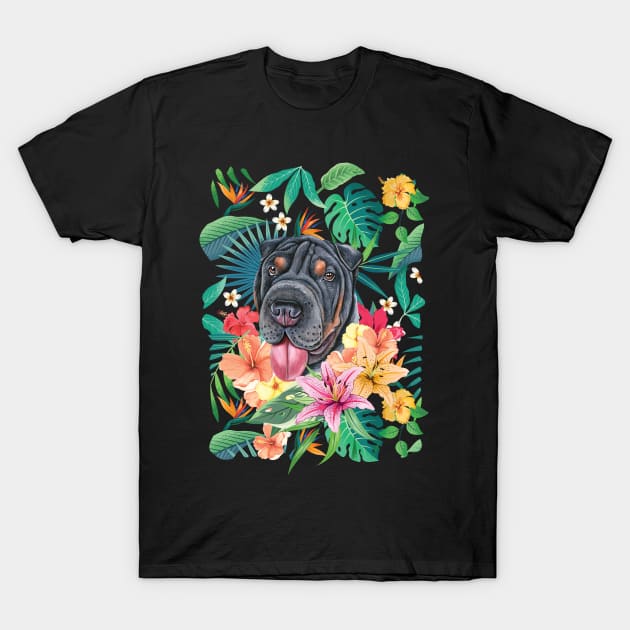 Tropical Black and Tan Shar Pei T-Shirt by LulululuPainting